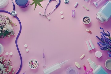 Medical flatlay frame pink background with dietary supplements, vitamins, tablets, stethoscope, syringe. Flatlay border for online courses, web page, bannerб announcement information. Medical theme.