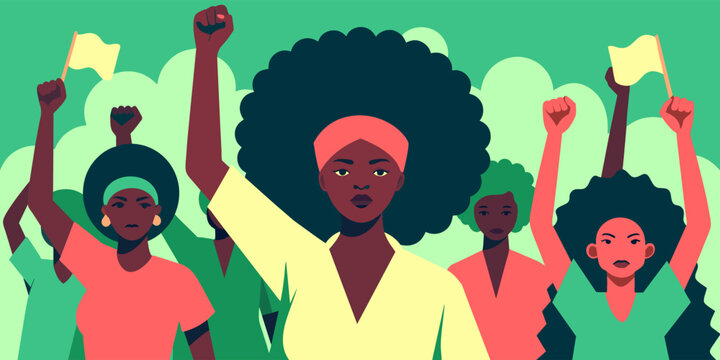Illustration of african women raising their fists in solidarity, symbolizing pride and empowerment during black history month