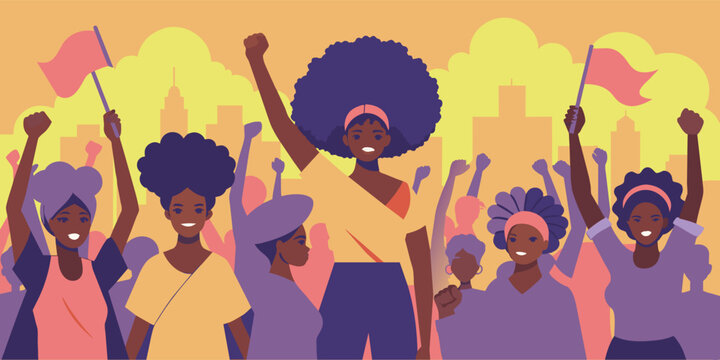 Illustration of an african woman with pride, raised fist high, celebrating black history month and juneteenth. Stylized vector female banner symbolizing diversity and heritage