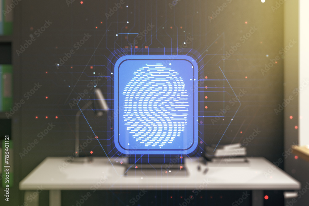 Poster double exposure of abstract creative fingerprint hologram and modern desk with computer on backgroun