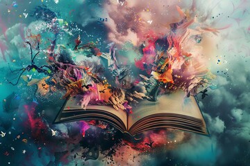 surreal storytelling montage with floating book pages and vivid colors digital art
