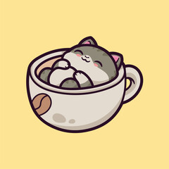 Vector Cute Cartoon Illustration of Cat and Cup