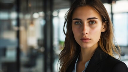 Obraz premium beautiful business woman in an office, looking at the camera with a serious look in the style
