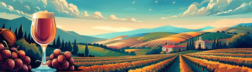 A beautiful illustration of a glass of red wine with a backdrop of a sunlit vineyard, rolling hills, and a quaint estate.