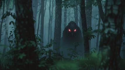A strange, eerie creature with unsettling features lurking in a dense forest setting - obrazy, fototapety, plakaty
