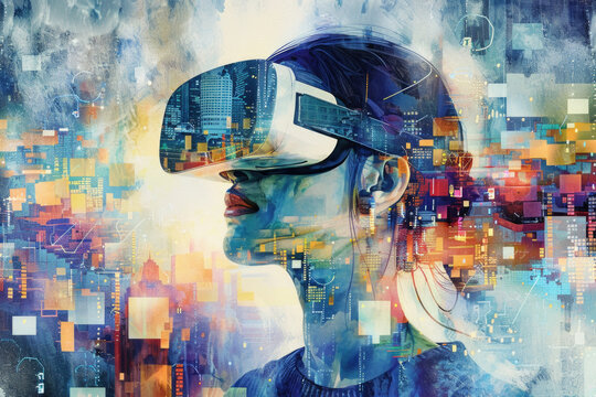 A painting featuring a woman with a virtual headset on, immersed in a virtual reality experience