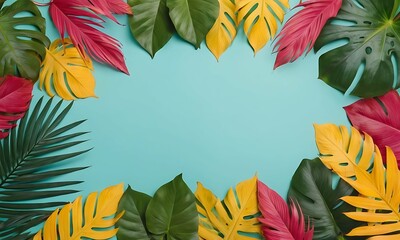 Colorful tropical leaves on blank background. Creative layout, top view, blank space, Minimal summer concept.