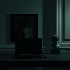 Explore the beauty of classicism with a black laptop in high-resolution 32K. AI generative photography at its finest.
