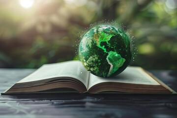 sustainable environmental law concept with green globe on open legal book digital illustration