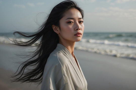 Elegante junge Chinesin genie&szlig;t die Brise am Strand mit nat&uuml;rlich strahlender Sch&ouml;nheit und innerer Ruhe
