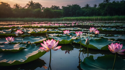 Fototapeta premium Beautiful pink lotus flower close up in pond at red lotus lake, Udonthani