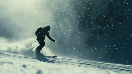 Witness the excitement of skiing on a snowy landscape with a side view of a man. Real HD quality and moody colors create an immersive experience. AI generative enhancement elevates.