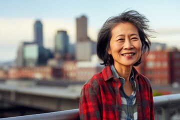 Portrait of a blissful asian woman in her 70s wearing a comfy flannel shirt over vibrant city skyline