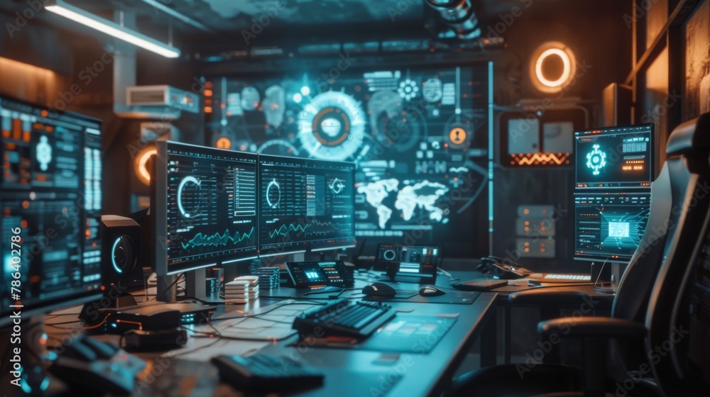 Poster advanced command center at dusk with multiple screens