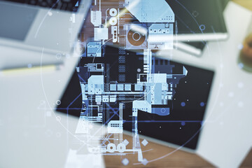 Double exposure of creative artificial Intelligence symbol and digital tablet on background, top...