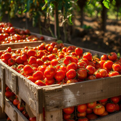 Capture the vibrancy of a tomato farm with ripe tomatoes overflowing a wooden crate. Natural sunlight accentuates their rich colors. AI generative enhancement brings out the harvest's freshness.