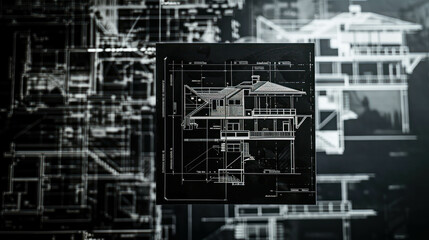 Discover the artistic composition of construction drawings and blueprints in a collage against a black backdrop, AI generative. Abstract representation of architectural design.
