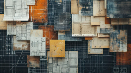 Explore a collage of cutouts featuring construction drawings and blueprints on a black background, AI generative. Creative arrangement of architectural plans.