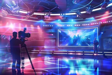 television studio set with cameraman filming entertainment show digital art - obrazy, fototapety, plakaty