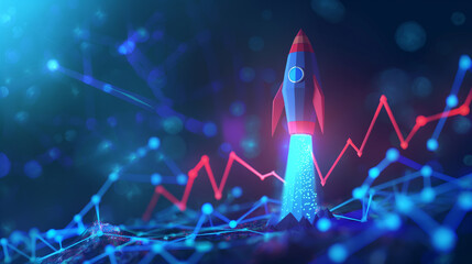 A glowing blue rocket on a black background with a simulated location. Start and launch your idea of rapid business success. - obrazy, fototapety, plakaty