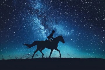 thoroughbred racehorse and jockey galloping under starry night sky digital equestrian illustration - obrazy, fototapety, plakaty