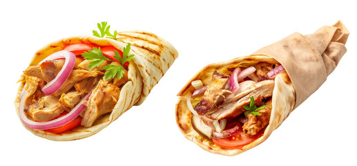 Gyros pita with chicken onion and tomato isolated on transparent background