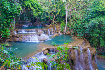 wonder Waterfall in deep rain forest jungle (Huay Mae Kamin Waterfall National Park in Kanchanaburi Province, Thailand) - 786403589