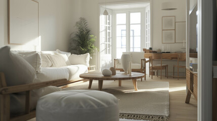 Step into a white and oak living room scene from a fresh perspective, revealing furniture details and spatial depth. AI generative, this image offers a diverse viewing experience.