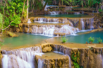 wonder Waterfall in deep rain forest jungle (Huay Mae Kamin Waterfall National Park in Kanchanaburi Province, Thailand) - 786403732
