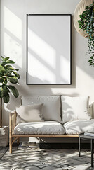 Mockup poster blank frame hanging above a Bridgewater Sofa in aliving room, modern interior minimalist style