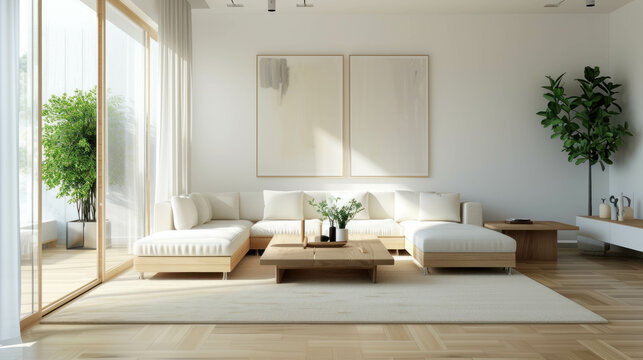 Experience a fresh living room ambiance with white and oak accents from a new angle, emphasizing furniture arrangement and spatial depth. This AI generative scene offers a unique perspective.