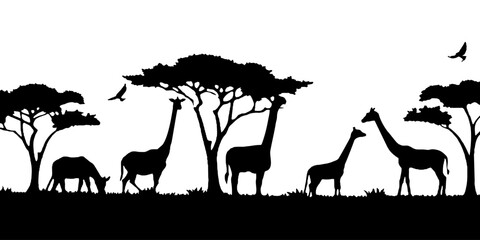 Tranquil african savannah silhouette landscape with wildlife, trees, and serene natural habitat in black and white, perfect for eco-friendly minimalist vector graphic design and silhouette art