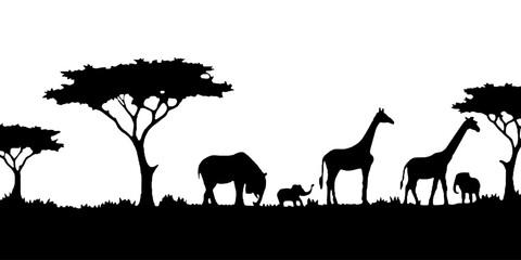 African safari silhouette in black and white with wildlife and nature background. Featuring elephants and giraffes in the tranquil savannah landscape