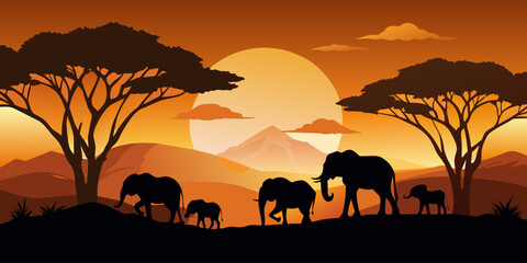 Fototapeta na wymiar Silhouetted elephants wander the african savannah against the backdrop of a radiant sunset and mountains