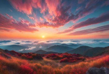 Fototapeta premium Sea landscape over the blue mountain in sunset. Summer travel vacation concept. Natural day view