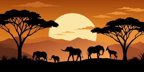 Fototapeta na wymiar Breathtaking african savannah sunset silhouette with wildlife and nature, showcasing the tranquil and serene beauty of the landscape in africa