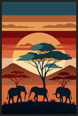 Idyllic african savannah landscape at sunset featuring elephant silhouettes for poster