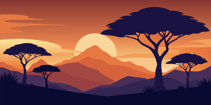 Beautiful african savannah sunset illustration with serene background and vibrant warm colors. Depicting the tranquil nature of the african landscape. Including the silhouette of mountains, trees