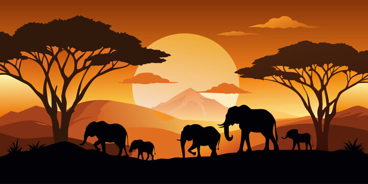 Silhouetted elephants wander the african savannah against the backdrop of a radiant sunset and mountains