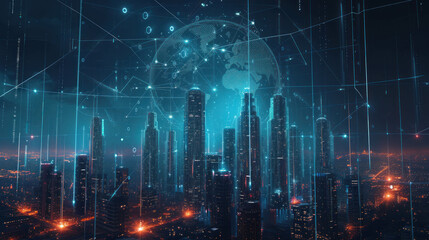 Experience a futuristic digital cityscape showcasing Web3 trends like DeFi and NFTs, with glowing data streams symbolizing interconnectivity. This high-end graphic is AI generative.