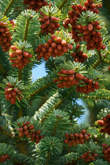 Nordmann Fir - Abies nordmanniana - with orange red staminate cone on branches.