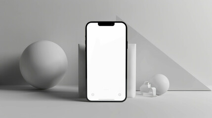 Futuristic iPhone 15 Pro Max mockup with abstract shapes in a minimalist space setting. A high-quality photo blending modern design and AI generative elements.