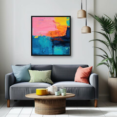Immerse yourself in the elegance of a painting hung on the wall within a square frame. AI generative techniques enhance the visual appeal.