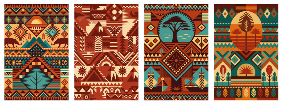 African poster set with geometric traditional pattern. Africa culture ethnic ornament for fabric or textile. Vibrant poster featuring african ethnic patterns and traditional symbols