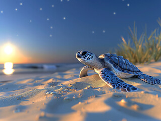 Baby sea turtle, beach, under starry sky