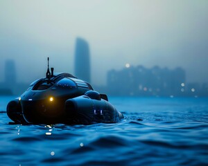 Hightech underwater vehicle, distant city silhouette blurred, dim ocean light, wideangle view