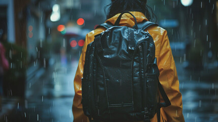 A school bag slung over a student's shoulder, braving the rain with its waterproof material. - obrazy, fototapety, plakaty