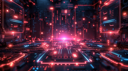 High tech concept visualization: microchip, processor, cpu circuit board, cloud computing data and city. 3d rendering. Futuristic pcb model and background illustration. - obrazy, fototapety, plakaty