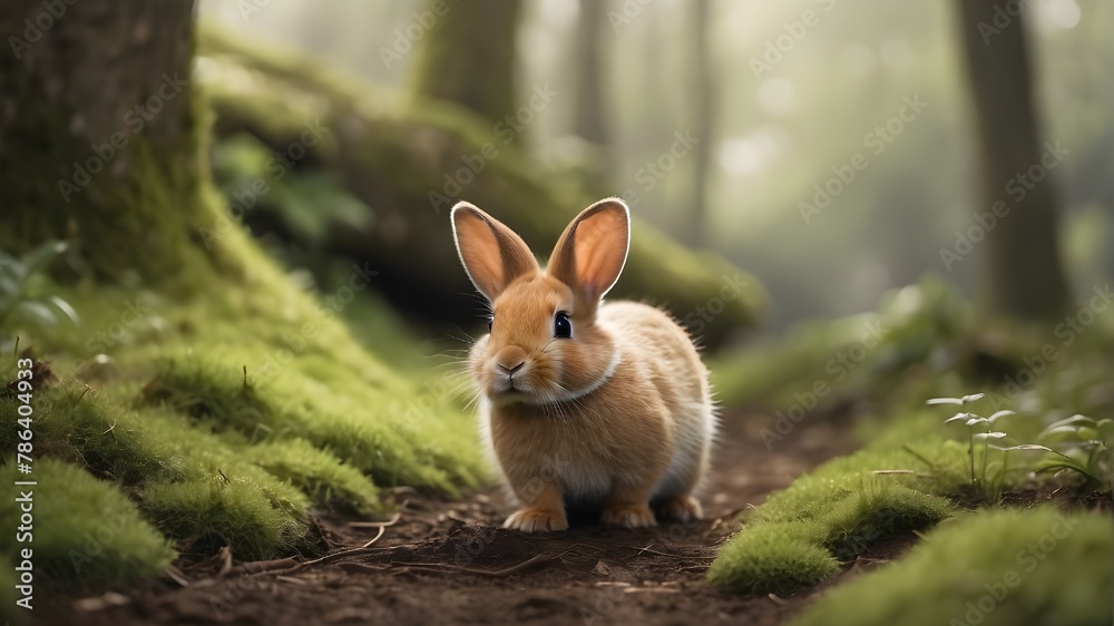 Wall mural A tiny bunny with floppy ears exploring a mossy woodland path - Wall murals