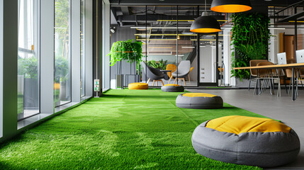Modern office with artificial grass cushions and chair - obrazy, fototapety, plakaty